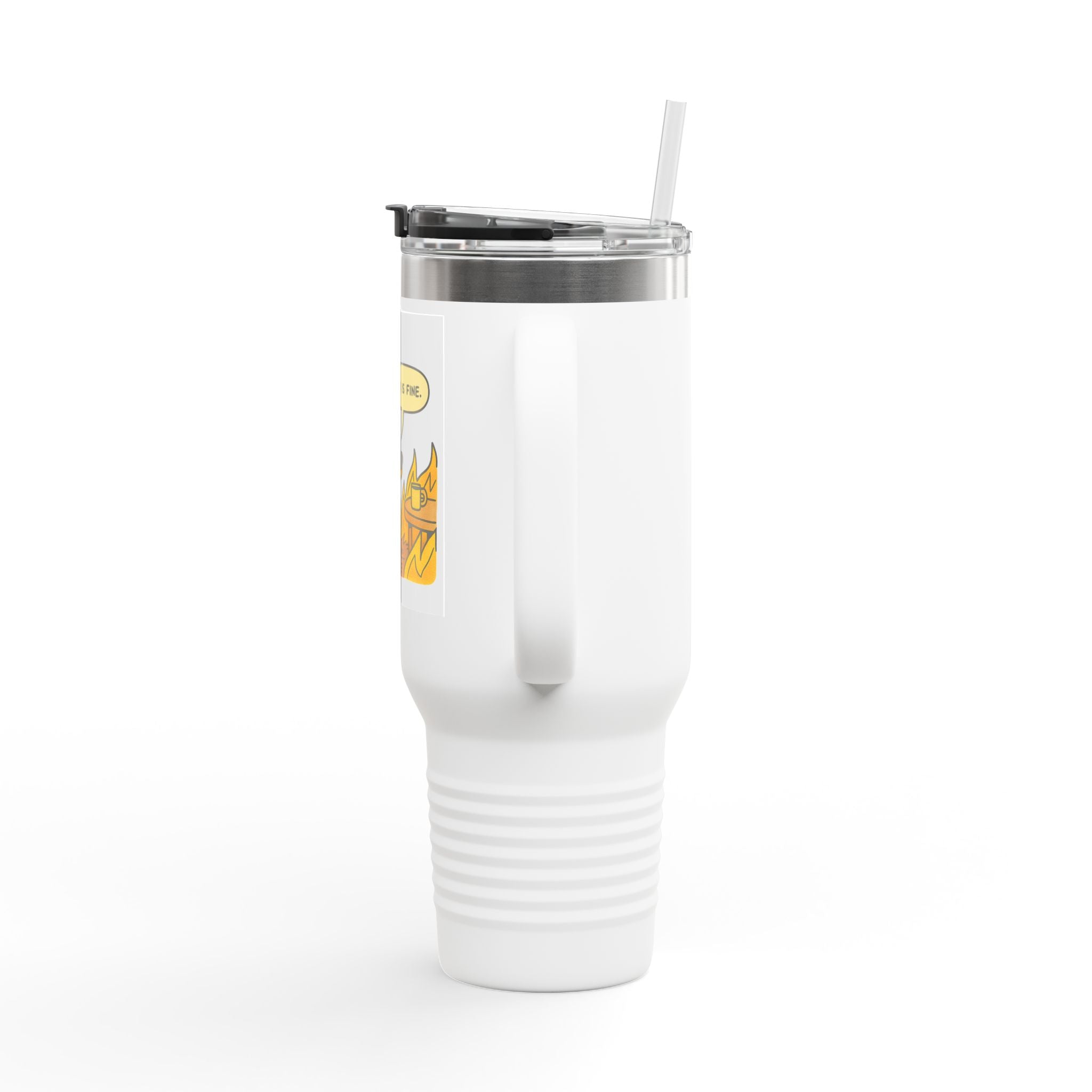 40oz Insulated Travel Mug — 'This Is Fine' Fire Dog Cartoon Design