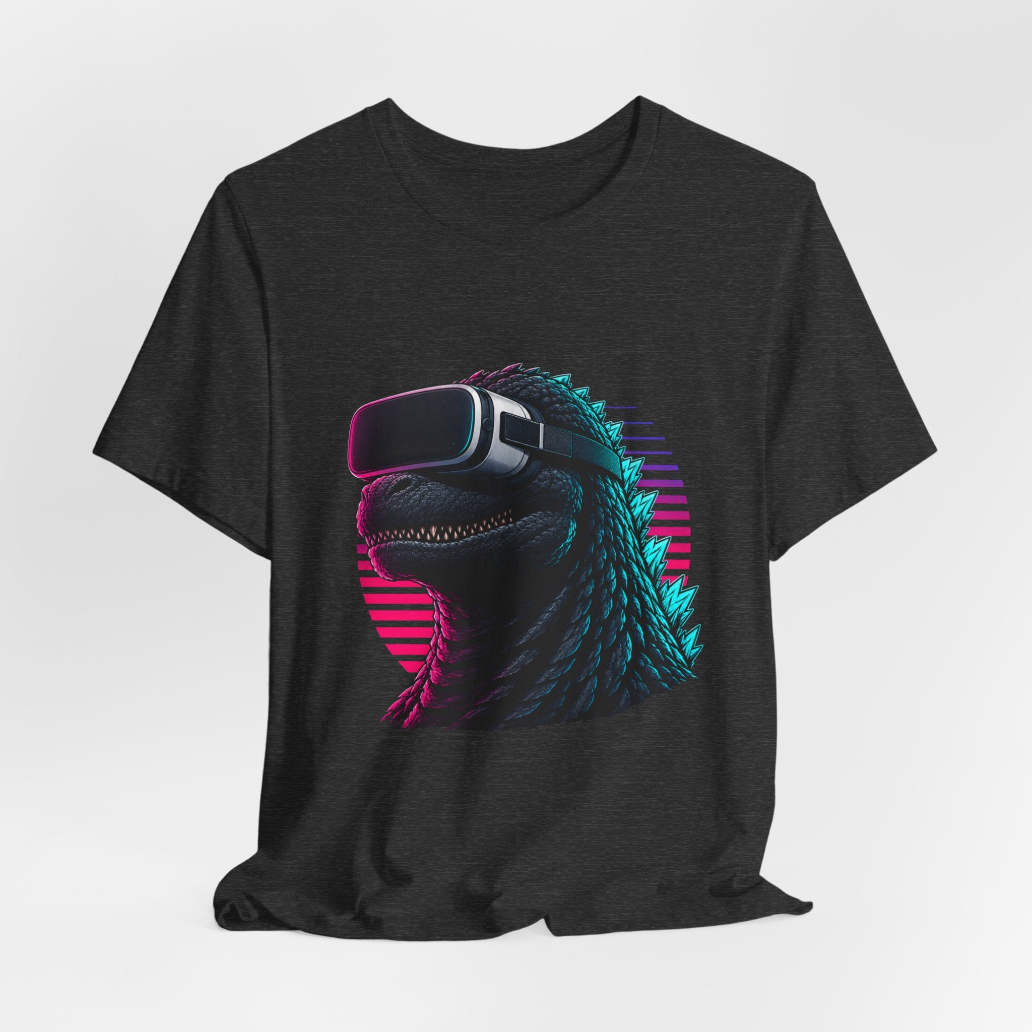 Synthwave Godzilla VR Tee, Retro Neon Dino Gamer Graphic Shirt