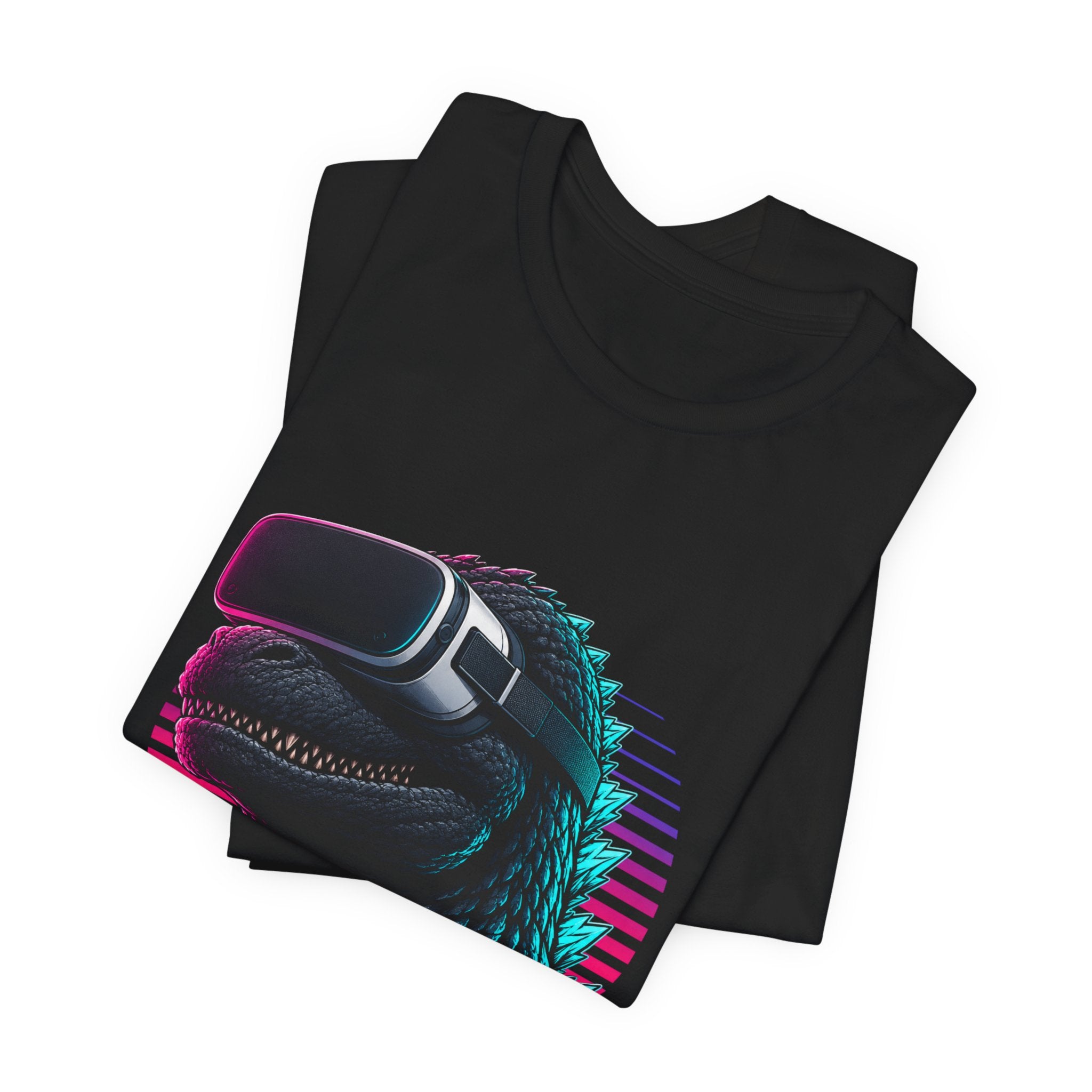 Synthwave Godzilla VR Tee, Retro Neon Dino Gamer Graphic Shirt
