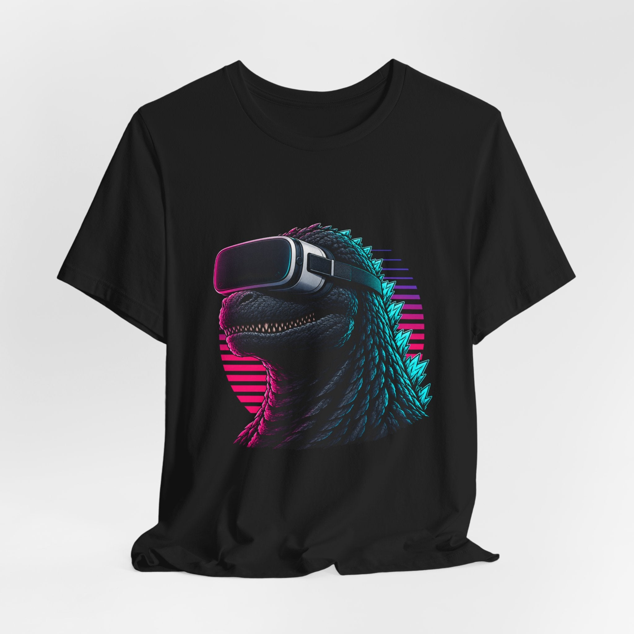 Synthwave Godzilla VR Tee, Retro Neon Dino Gamer Graphic Shirt