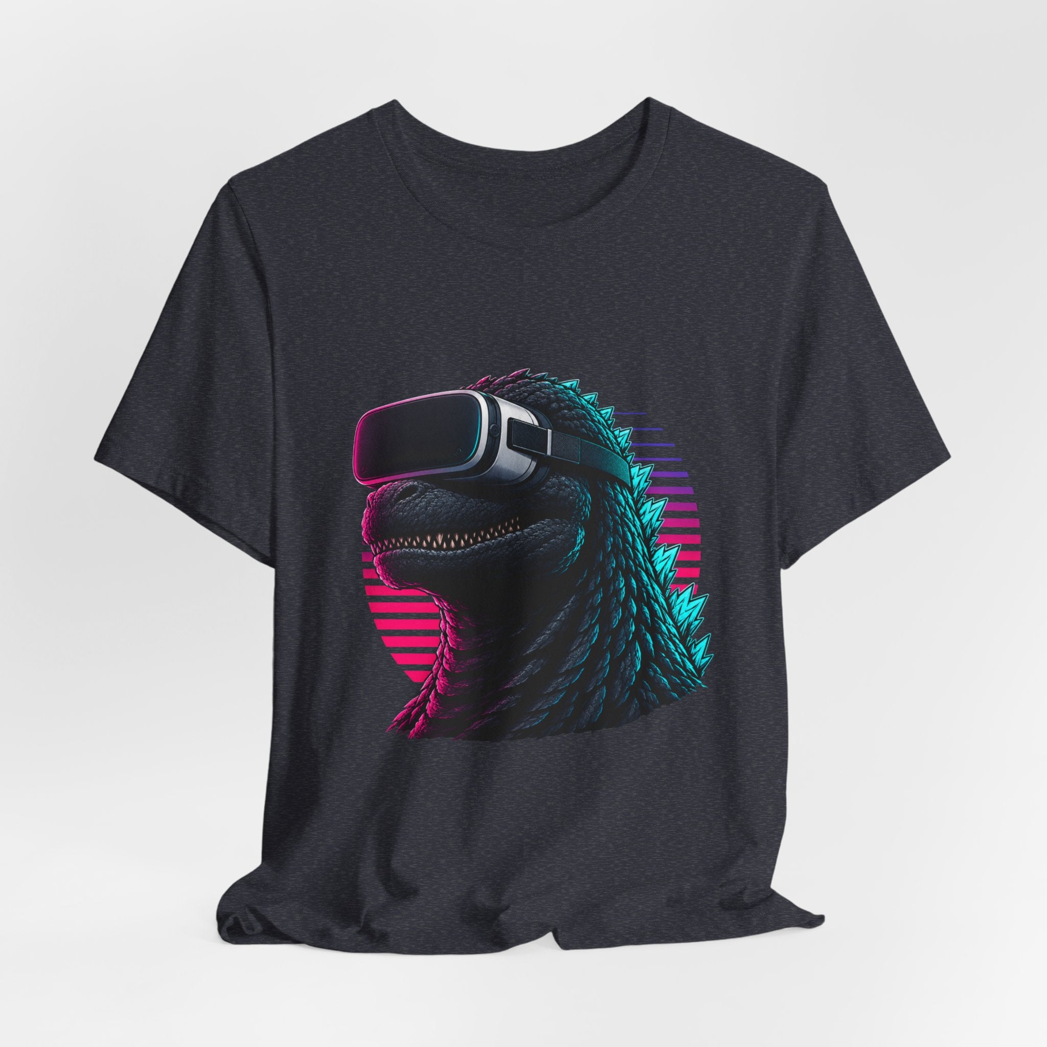 Synthwave Godzilla VR Tee, Retro Neon Dino Gamer Graphic Shirt